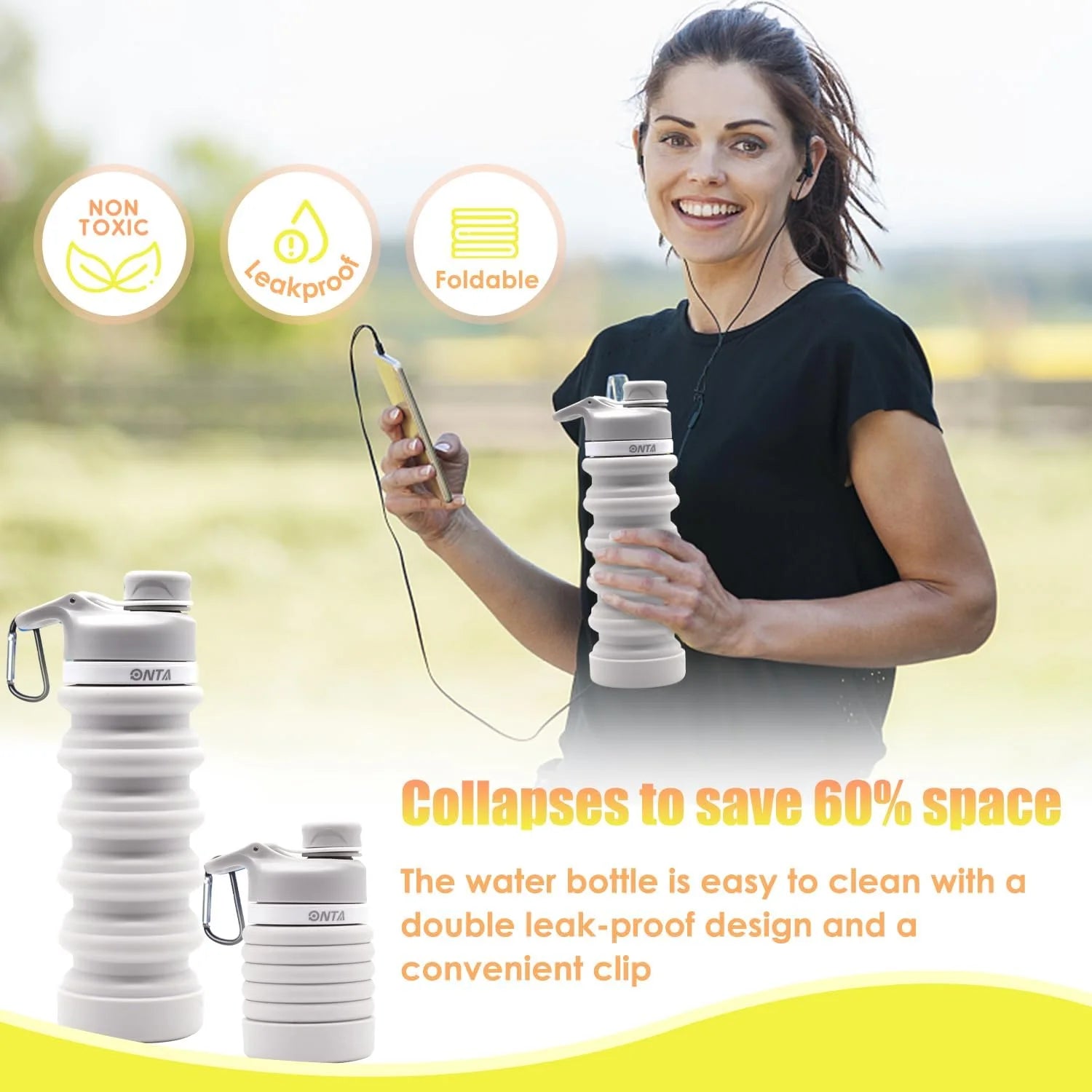 Collapsible Water Bottle- BPA Free Silicone Foldable Water Bottle for Travel,Silicone Portable Leak-Proof Travel Water Bottle 20Oz, Gray