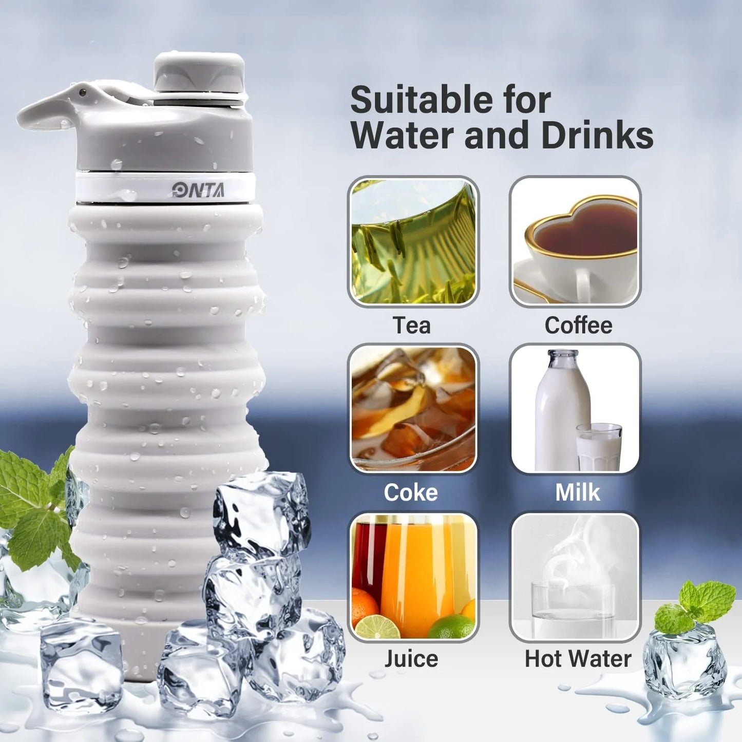 Collapsible Water Bottle- BPA Free Silicone Foldable Water Bottle for Travel,Silicone Portable Leak-Proof Travel Water Bottle 20Oz, Gray