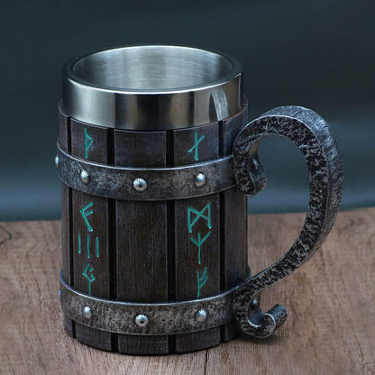 Norse Decor Stainless Steel Wooden Viking Coffee Cool Mug Viking Gift for Men Beer Cup Stein