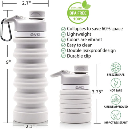 Collapsible Water Bottle- BPA Free Silicone Foldable Water Bottle for Travel,Silicone Portable Leak-Proof Travel Water Bottle 20Oz, Gray