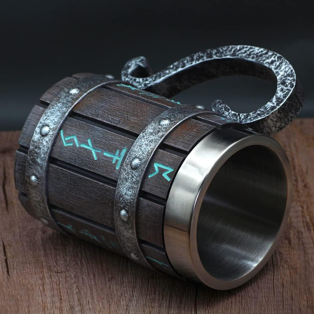 Norse Decor Stainless Steel Wooden Viking Coffee Cool Mug Viking Gift for Men Beer Cup Stein